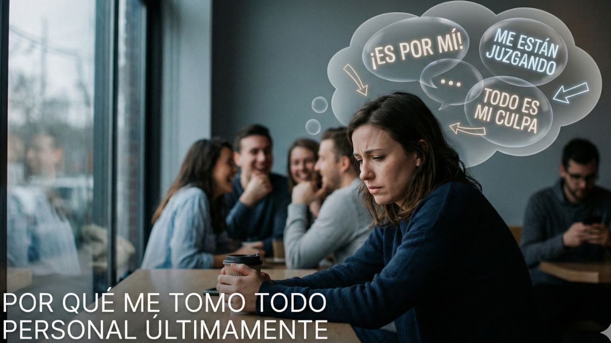 Mujer joven sentada sola y preocupada en una cafetería, con burbujas de pensamiento sobre su cabeza que dicen "¡ES POR MÍ!", "ME ESTÁN JUZGANDO", y "TODO ES MI CULPA". En primer plano, el texto grande dice "POR QUÉ ME TOMO TODO PERSONAL ÚLTIMAMENTE". Al fondo, otras personas conversan borrosas.