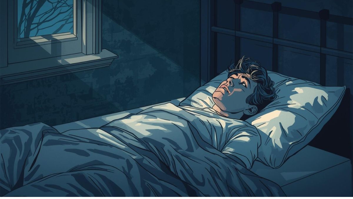 Ilustración vintage de una persona despierta de noche con preocupación controlada por ansiedad nocturna.