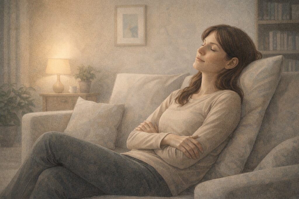 Persona adulta descansando en un ambiente tranquilo mientras aprende a sentirse en calma sin miedo