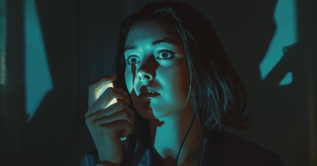 Ilustración vintage de una persona iluminada por la pantalla de un móvil con expresión de preocupación por el éxito ajeno.