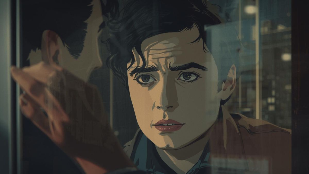 Ilustración vintage de una persona mirándose al espejo con preocupación controlada ante una crisis de identidad.