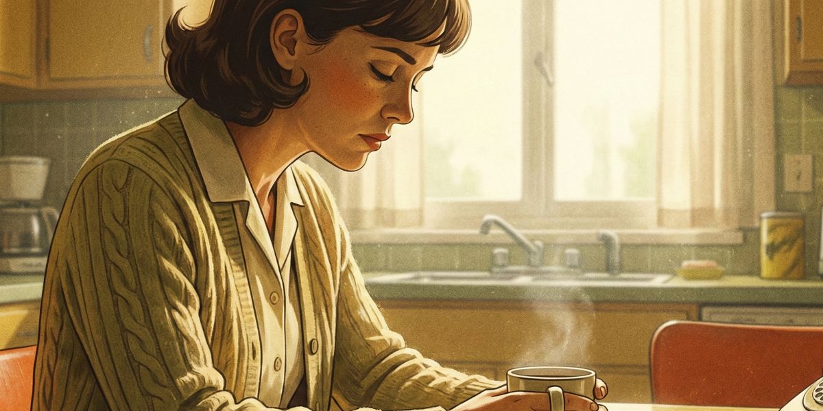 Ilustración vintage de una persona sosteniendo una taza con expresión de duda entre estar frustrado o solo cansado.