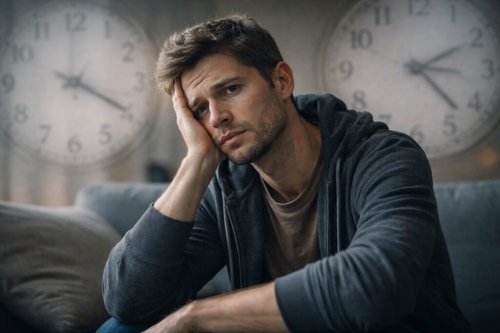 Hombre pensativo sintiendo que el tiempo pasa muy lento durante un momento de malestar emocional