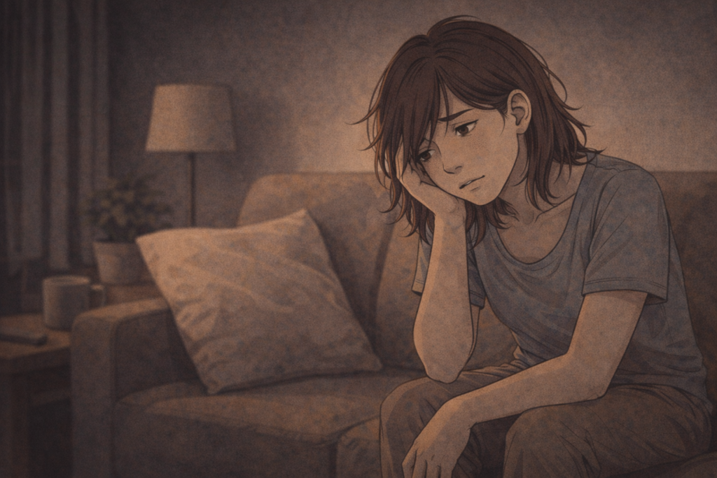 Persona sentada en una sala tranquila con expresión de confusión emocional e introspección