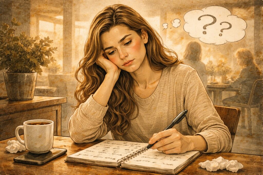 Mujer pensativa sentada en una cafetería escribiendo en un cuaderno, representando la sensación de preguntarse si lo que siente tiene explicación