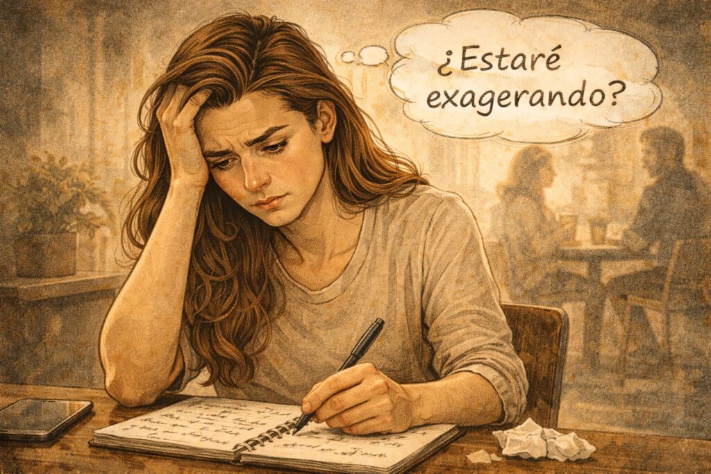 Mujer sentada en una cafetería con gesto de duda, preguntándose si está exagerando o si lo que siente es real