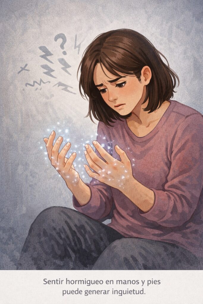Persona observando sus manos con sensación de hormigueo y preocupación