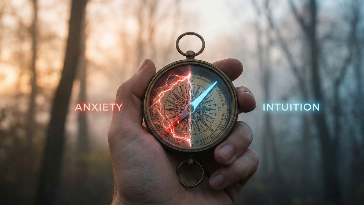Diferencia visual entre la intuición y la ansiedad representada por una brújula dividida.