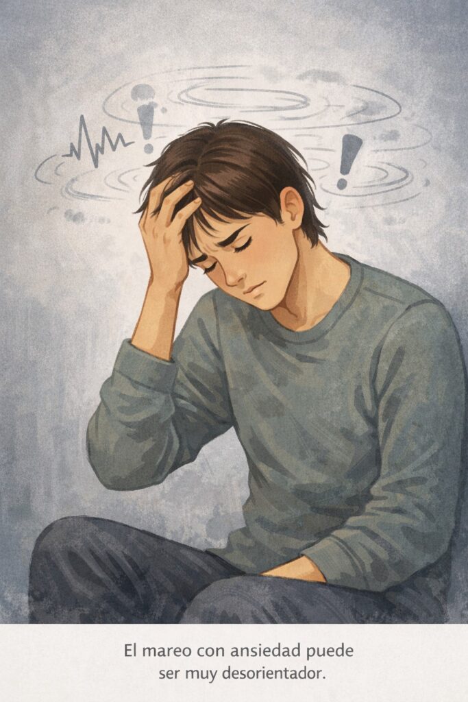 Persona sentada con gesto de mareo y ansiedad sosteniendo la cabeza