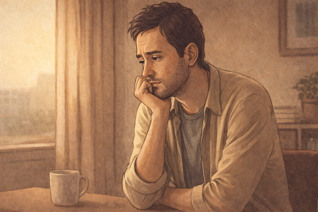 Persona sentada sola, pensativa, recordando una decisión del pasado que le genera incomodidad