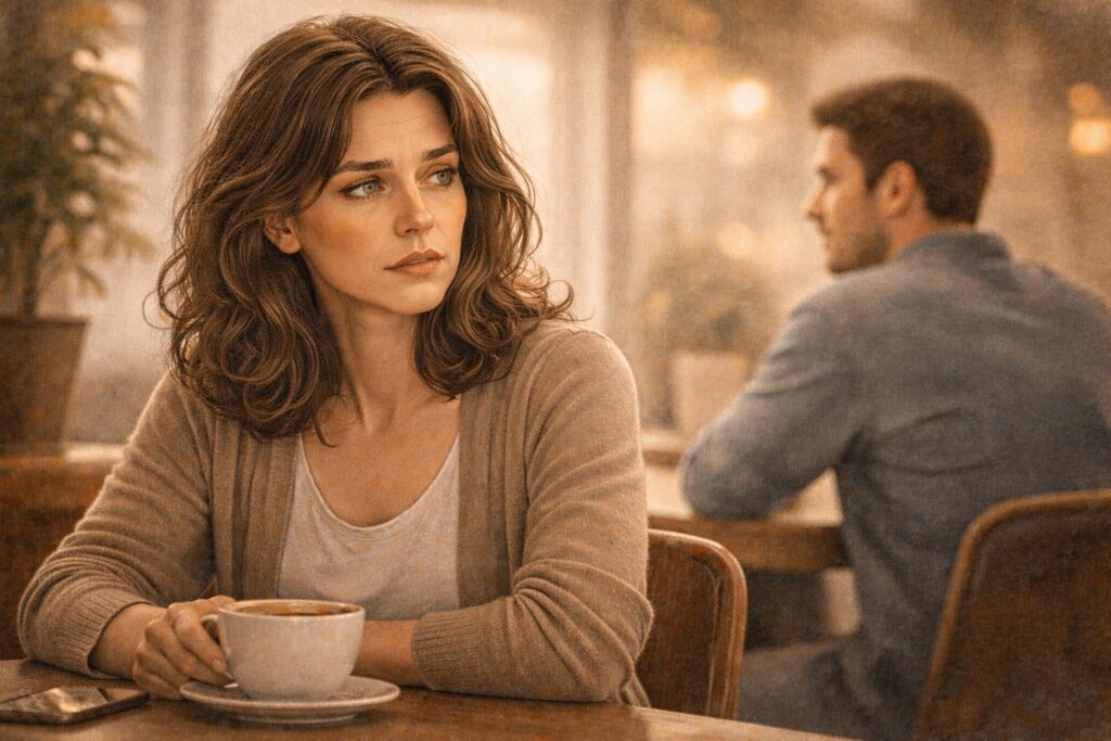 Mujer sentada en una cafetería con gesto pensativo, sintiéndose diferente consigo misma mientras está con otra persona