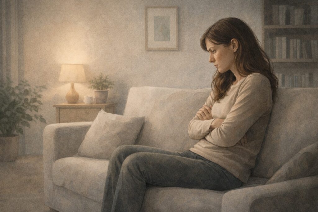 Persona adulta sentada en un ambiente tranquilo con sensación de alerta e inquietud sin motivo aparente