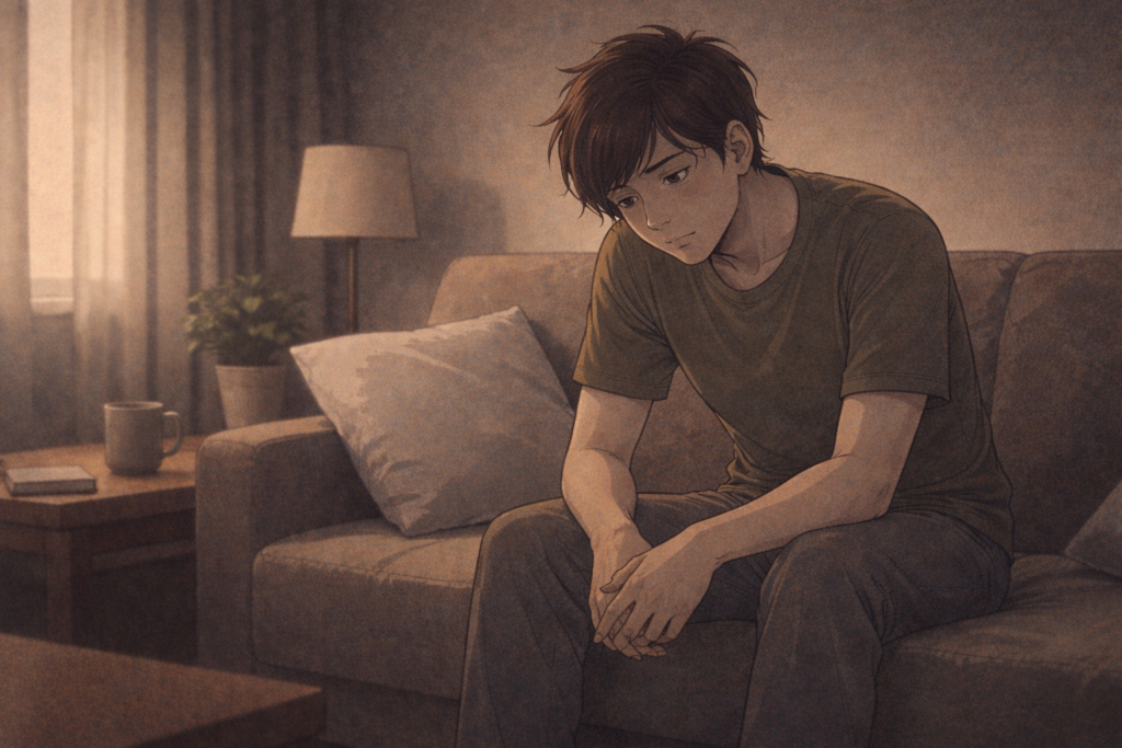 Persona sentada en una sala tranquila con expresión de vacío emocional y desconexión interior