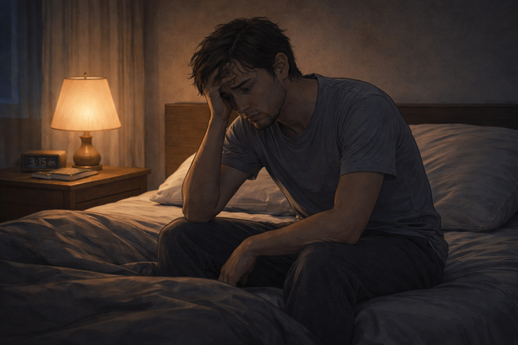 Persona sentada en silencio con expresión de cansancio mental y pensamientos constantes