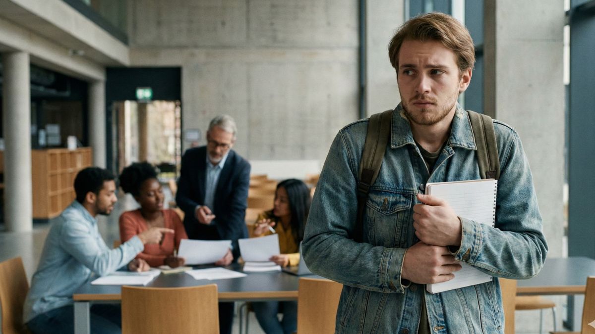 Persona con gesto atento y tenso en un entorno moderno, representando miedo a la crítica