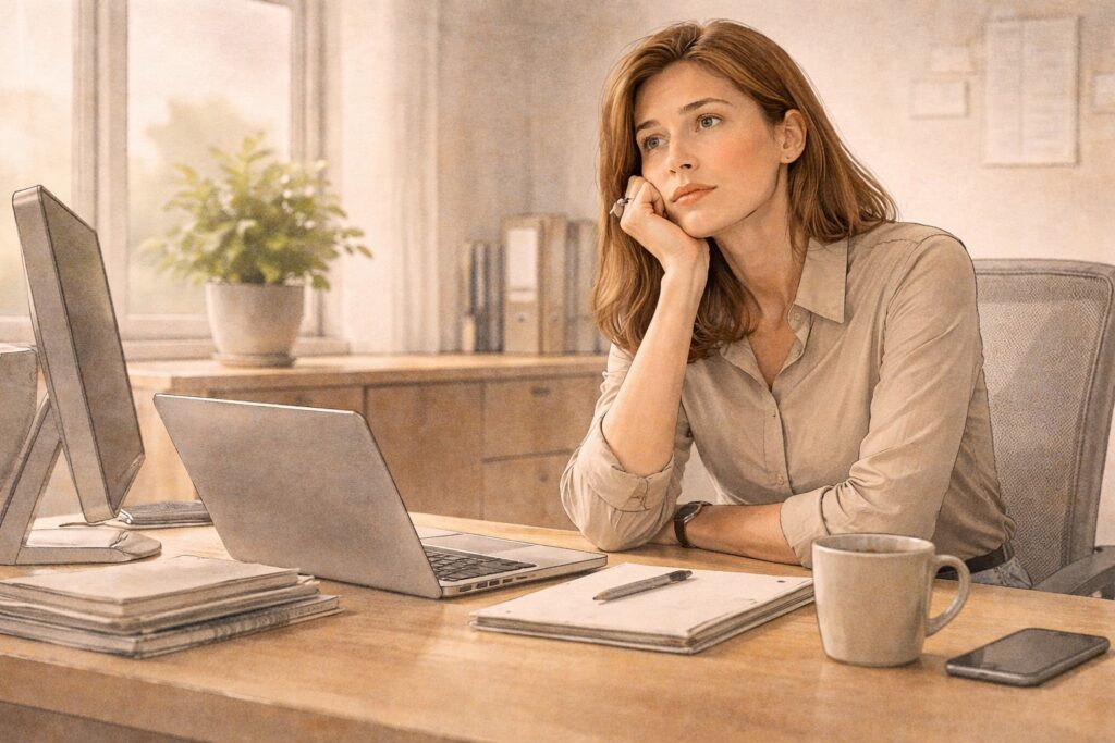 mujer adulta sentada en su escritorio con expresión pensativa en el trabajo