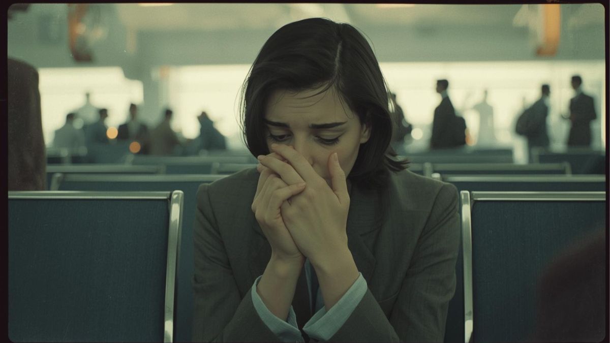 Ilustración vintage de una persona sintiendo desrealización y niebla mental, con expresión de preocupación controlada.