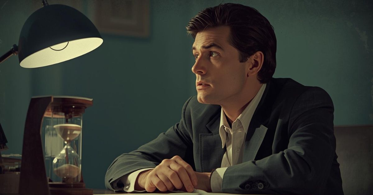 Ilustración vintage de una persona reflexionando sobre sus logros con expresión de preocupación controlada.