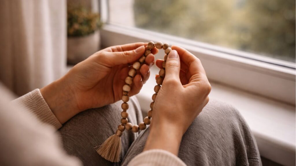 Manos sosteniendo objetos de oración en momento de calma y reflexión