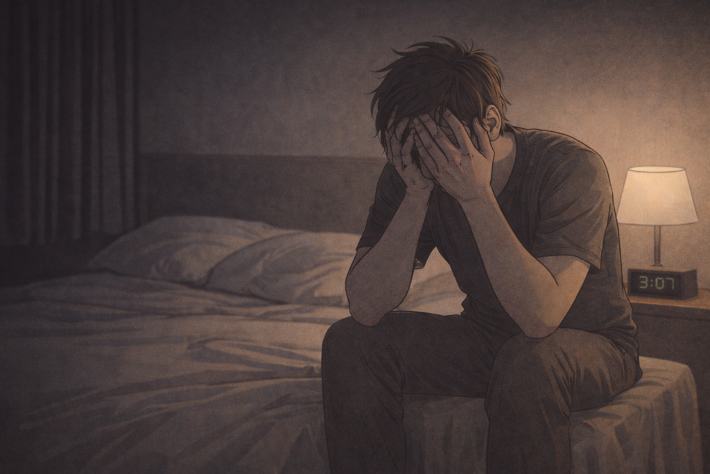 Persona sentada en su habitación con gesto de preocupación, representando pensamientos que generan miedo