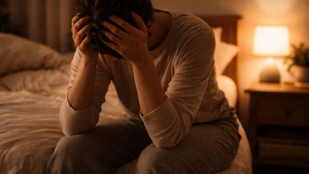 Persona sentada en la cama procesando pensamientos intrusivos con luz suave