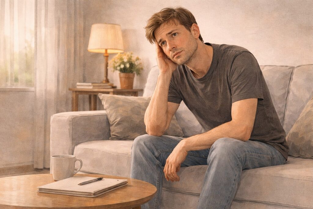 persona adulta pensativa con expresión de inquietud en un entorno tranquilo