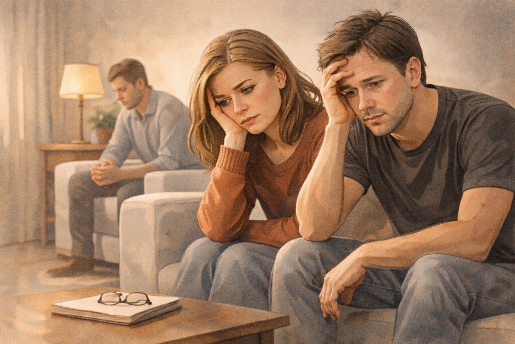 personas adultas sentadas con expresión pensativa en un ambiente tranquilo