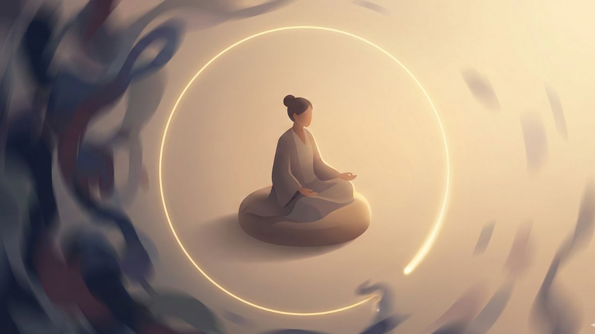 Una persona dibujando un círculo protector de luz a su alrededor, simbolizando el establecimiento de límites saludables.