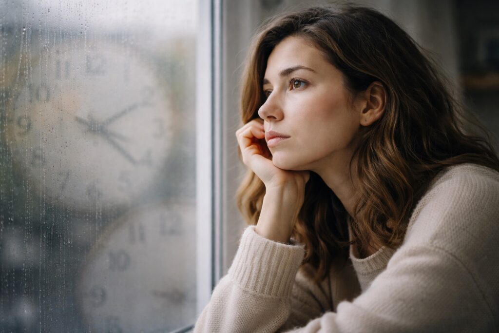 Persona reflexiva observando el paso del tiempo con sensación extraña