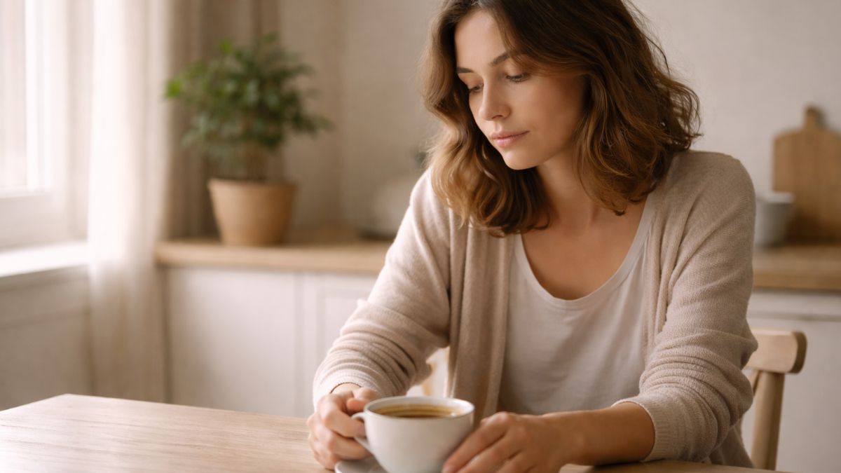 persona mirando pensativa su taza de café sin entusiasmo por el día