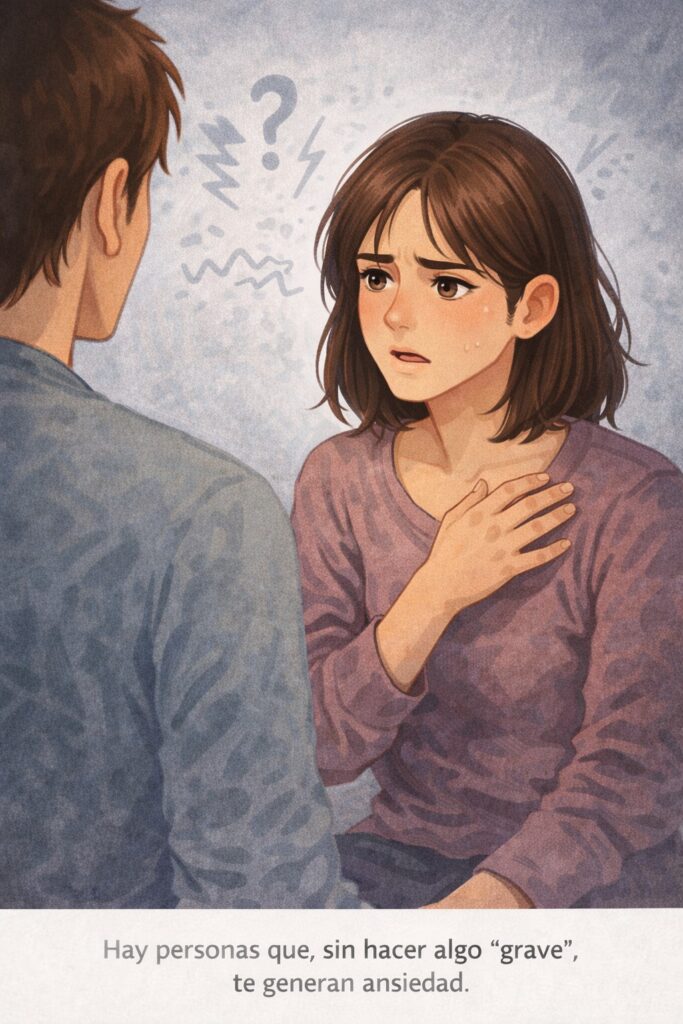 Mujer hablando con un hombre y sintiendo ansiedad y tensión en el pecho
