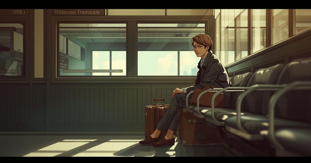 Ilustración vintage de una persona en una sala de espera representando el sentimiento de que la vida no ha empezado.