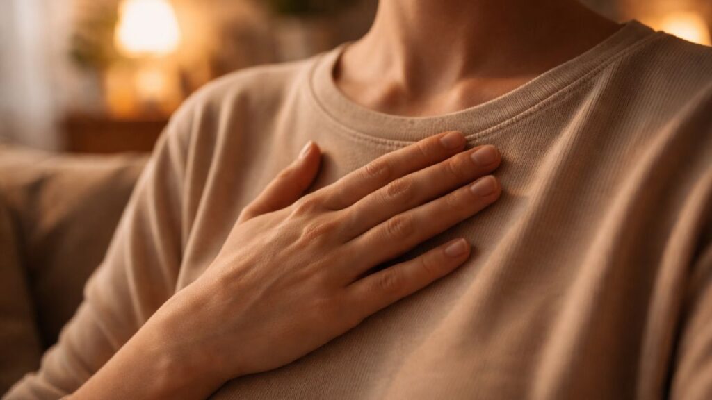 Mano sobre el pecho practicando respiración consciente para calmar ansiedad