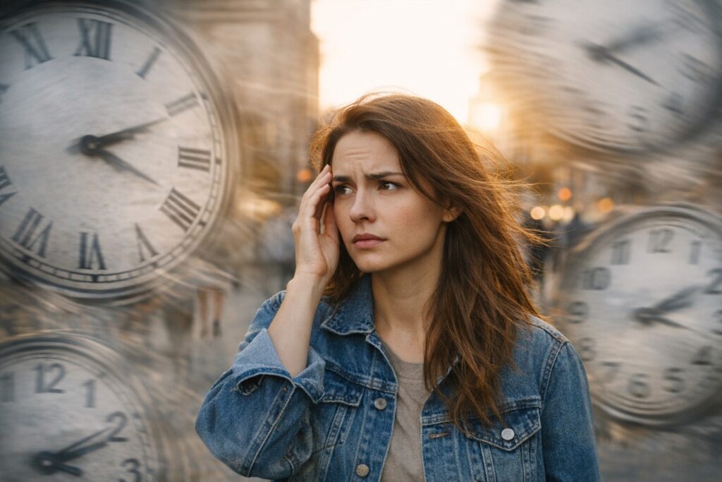 Persona preocupada sintiendo que el tiempo pasa demasiado rápido
