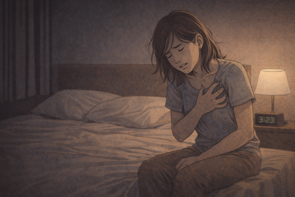 Persona sentada en su habitación durante la noche, con gesto de miedo intenso y sensación de peligro
