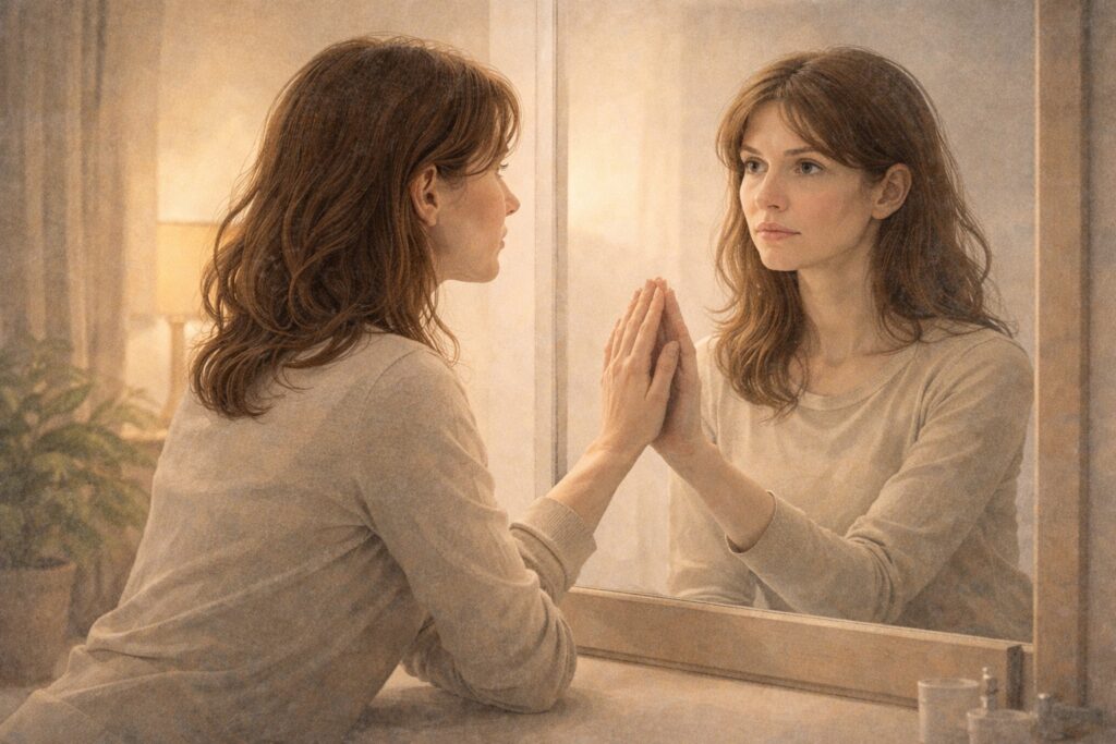 Persona adulta observándose en el espejo con sensación de cambio personal y distancia consigo misma