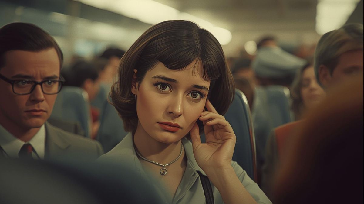 Ilustración vintage de una persona con preocupación controlada experimentando sobrecarga sensorial y sensibilidad al ruido.