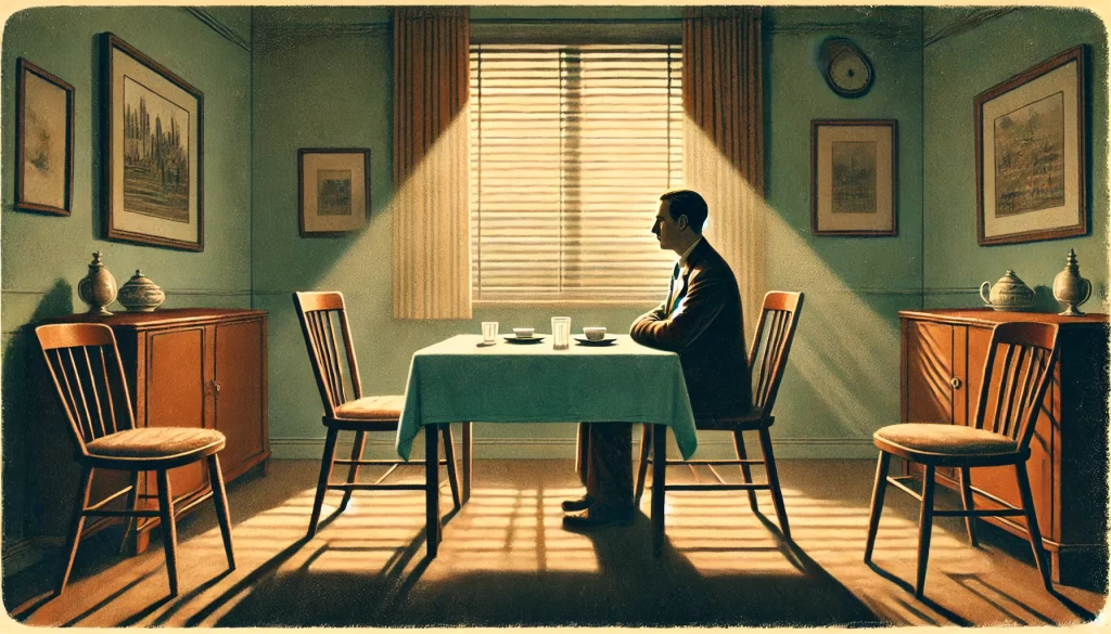 Ilustración vintage de una persona procesando un duelo con expresión de preocupación controlada ante una ausencia.