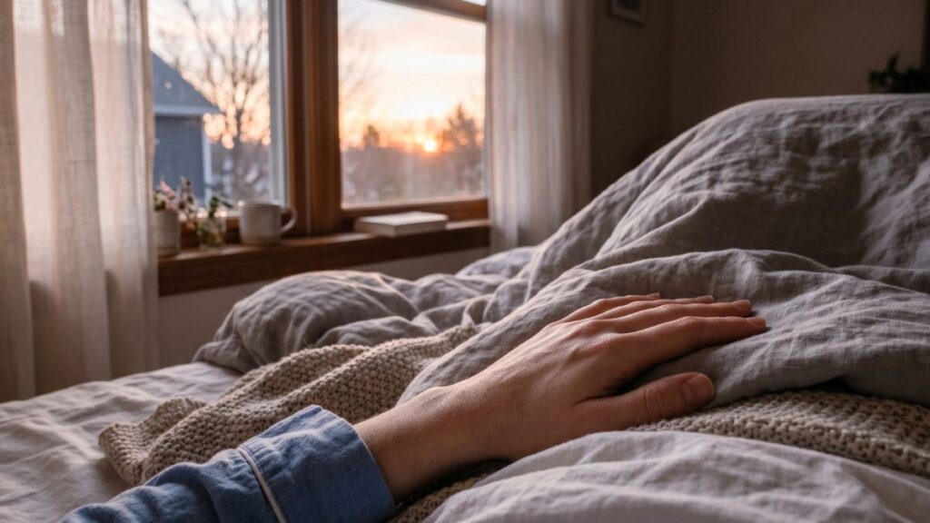 ersona despertando con la mano en el pecho después de un sueño intenso