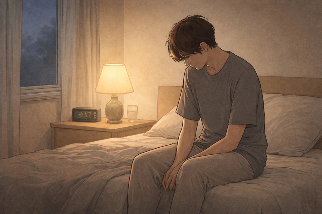 Persona despertando en la noche tras un sueño inquietante, con expresión de confusión y miedo leve