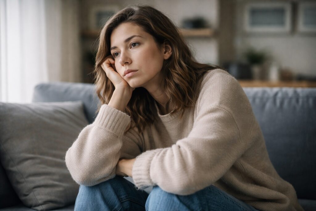Mujer pensativa sentada en casa sintiendo que todo se siente igual y el tiempo no avanza