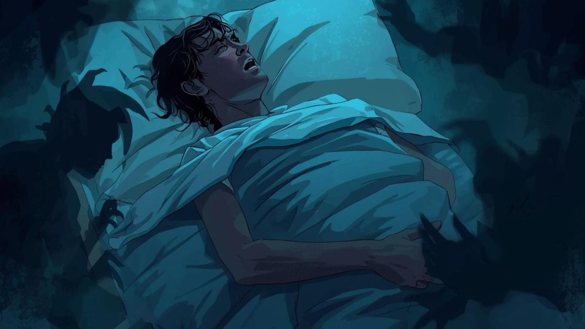 Una cama vacía con luces y sombras suaves, transmitiendo una atmósfera de inquietud y misterio pero con un enfoque limpio y psicológico.