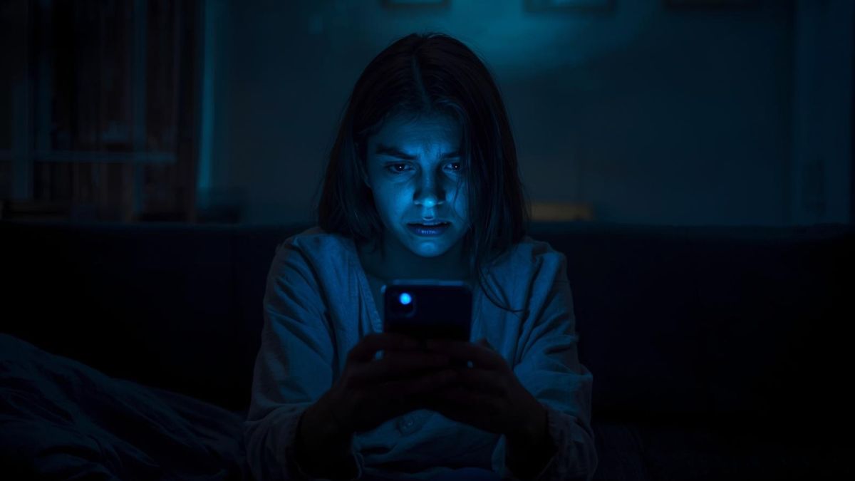 Una persona en una oficina mirando su computadora con expresión de preocupación y estrés laboral.